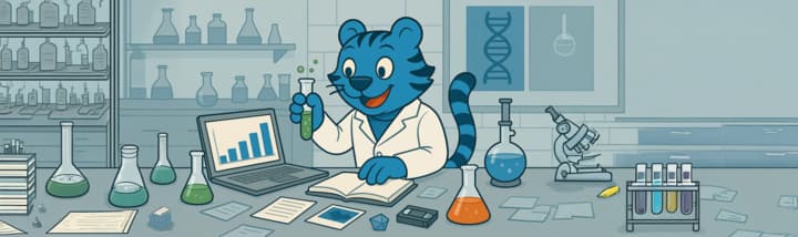 An anthropomorphic tiger in a lab coat doing science things in a laboratory.