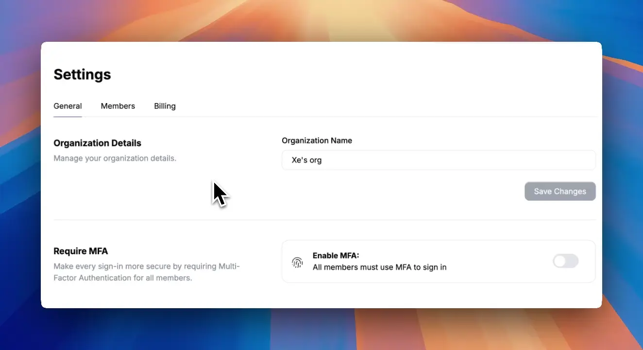 A screen recording of clicking the "Enable MFA" button in the Web Console. Clicking on it triggers a toast that says MFA settings are updated successfully.