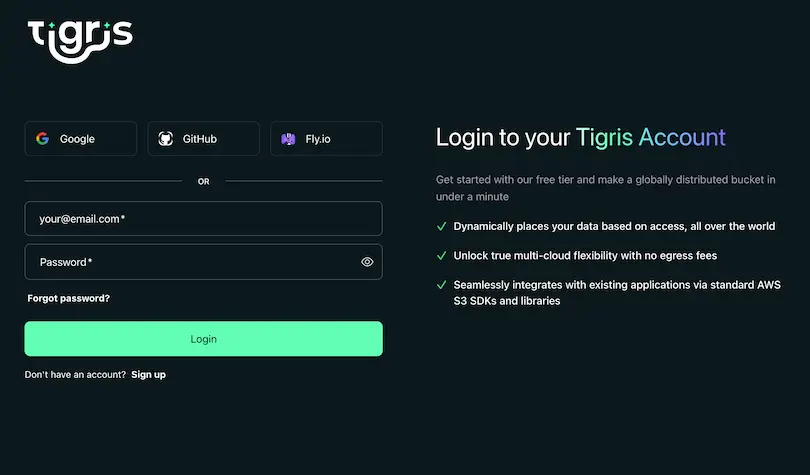 The Tigris signup page.