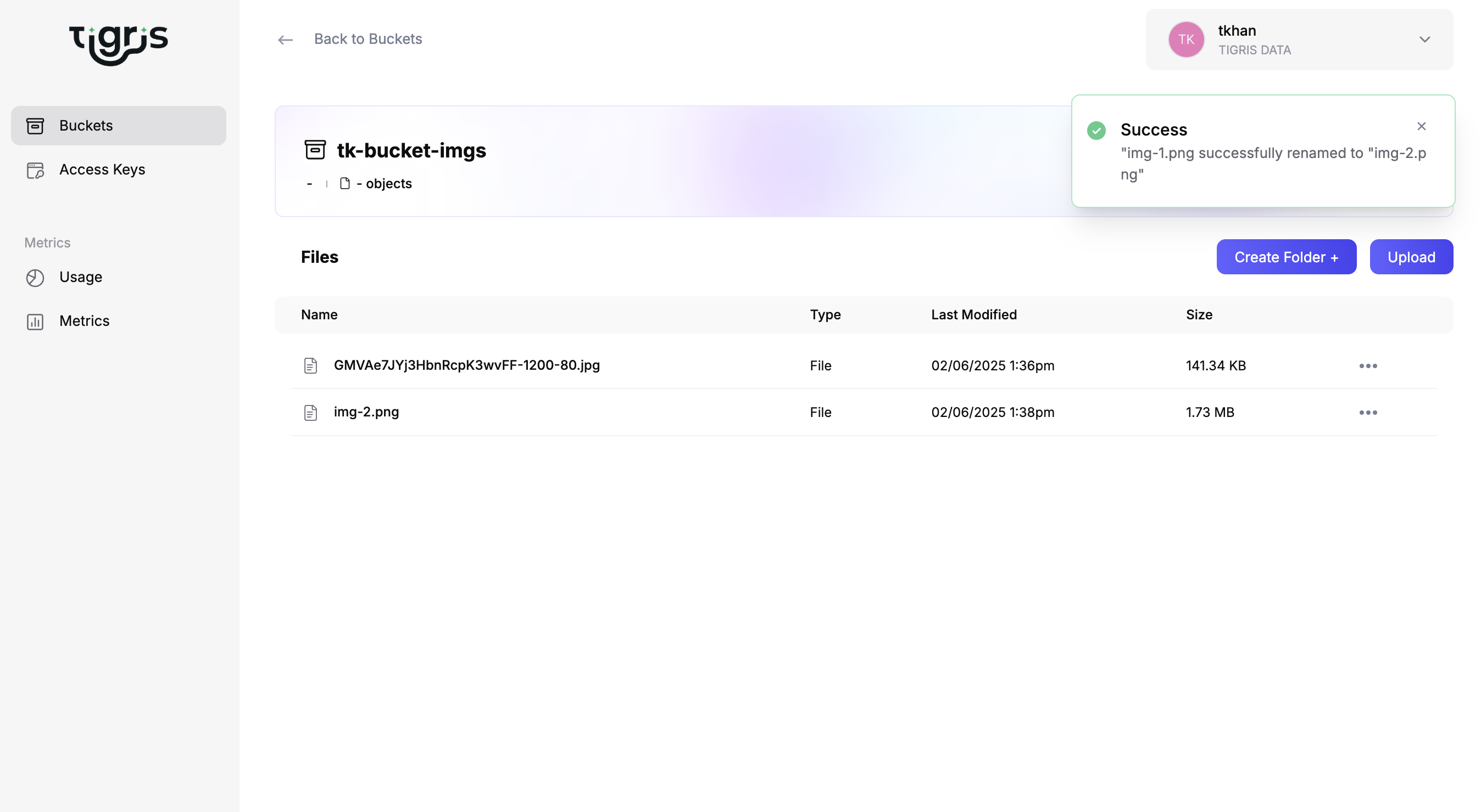 Tigris Rename Object Success modal