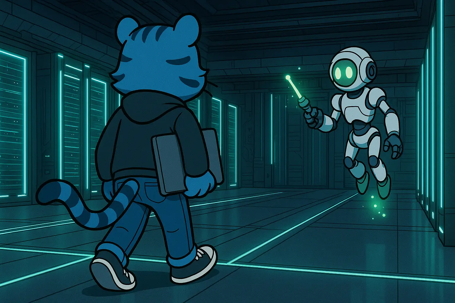 Rhadamanthus, the Greek god of justice, holding a book with the text 'Tigris Storage SDK'.