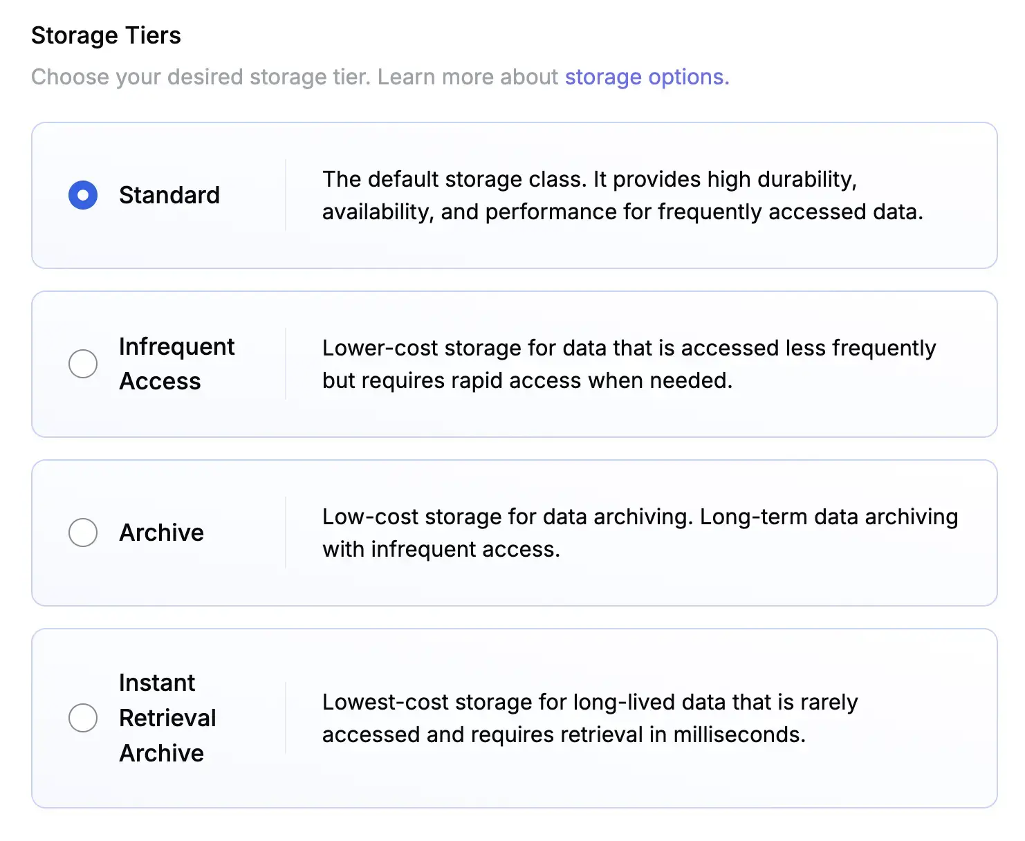 The storage tiers selection page in the web console.