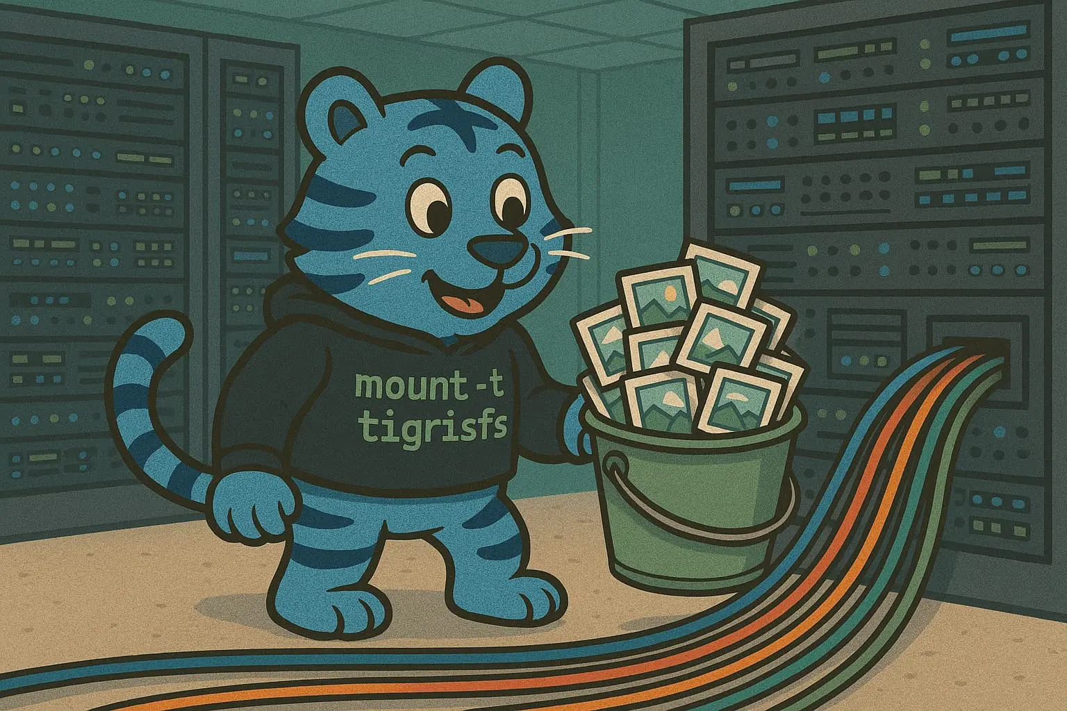 A tiger in a datacenter with a bucket of data.